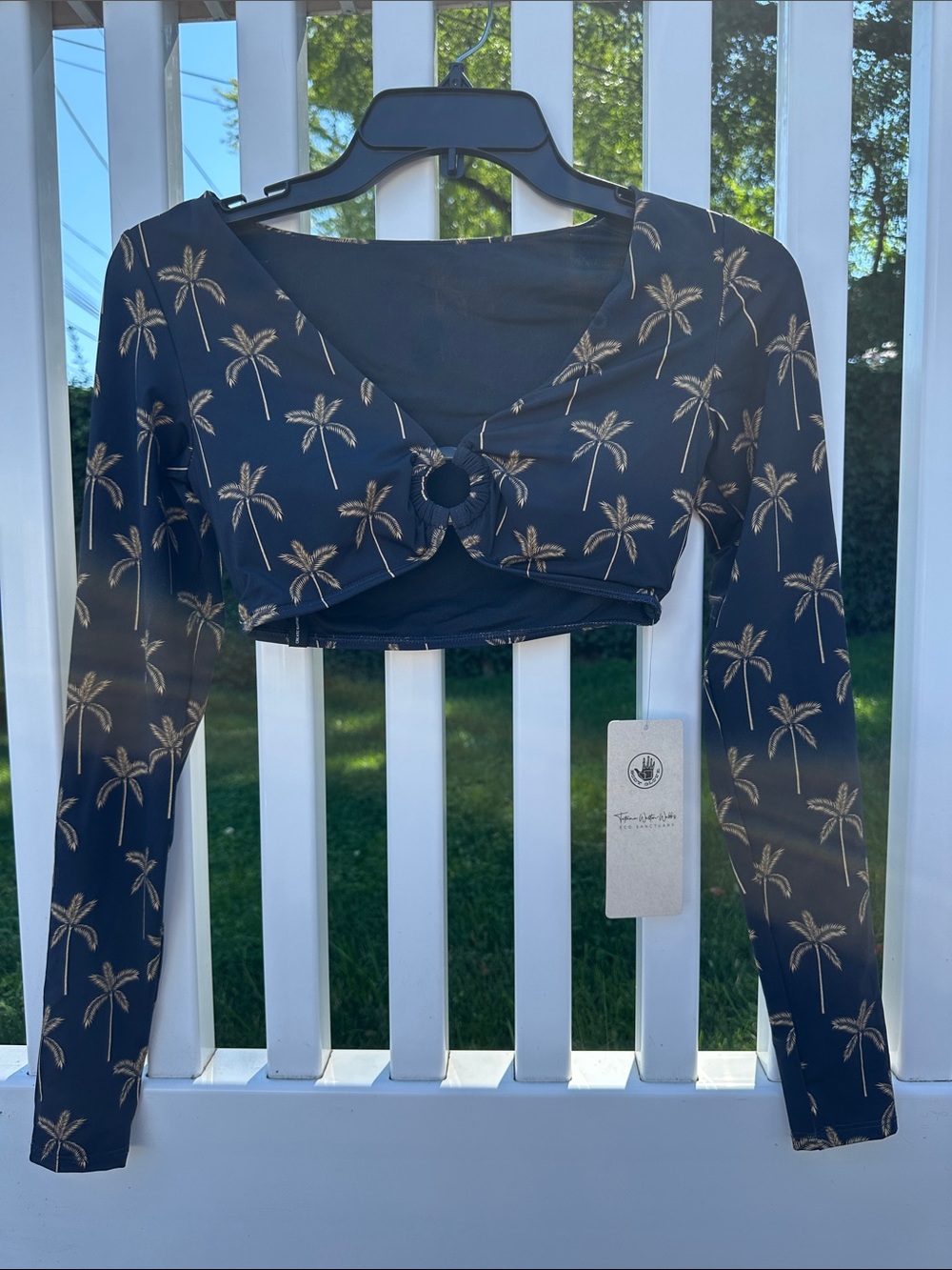 Body Glove Navy Mika Cayman Palm-Print Long Sleeve Swim Coverup Crop Top
